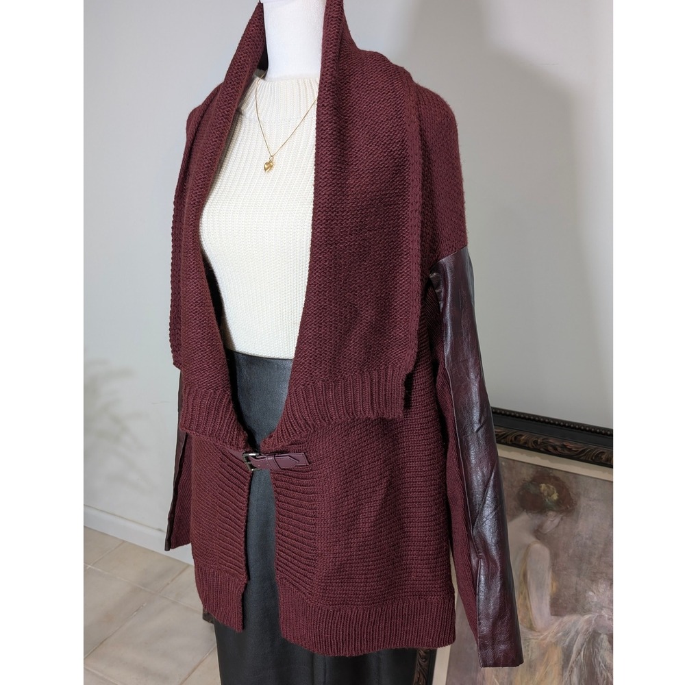 Buffalo David Bitton NWT Maroon Shawl Collar Cardigan Faux Leather Sleeve Large
